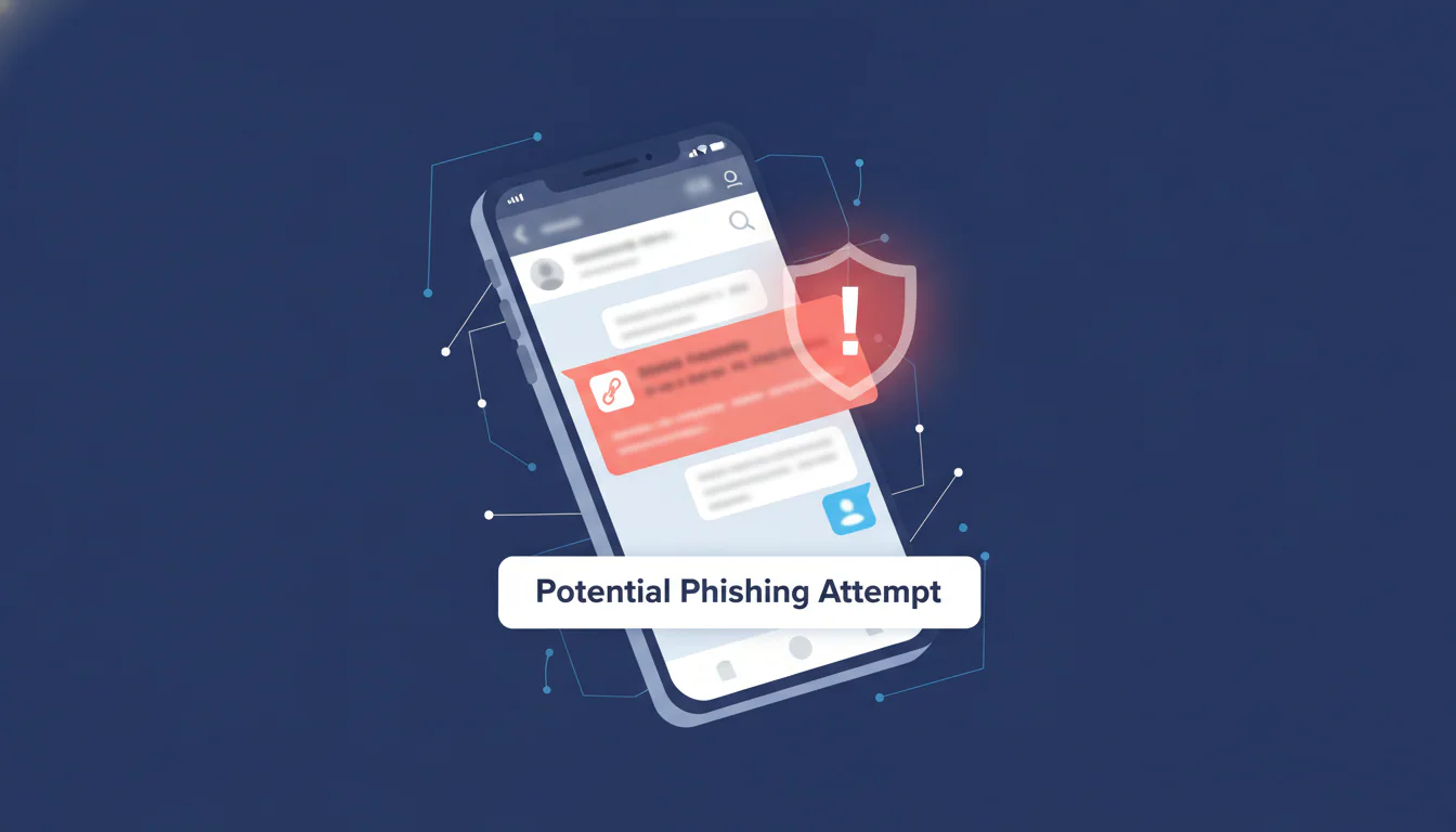 Ilustrasi smishing: pesan WhatsApp mencurigakan berisi tautan di layar ponsel dengan ikon peringatan merah